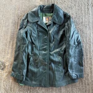 VINTAGE 80S LANTRY GREEN LEATHER BOMBER JACKET PEACOAT TRENCH FITS WOMENS SMALL